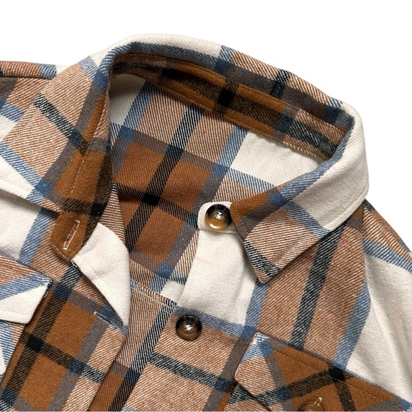 Long Plaid Button-Up Shacket - Flannel Jacket - Brown, White, Blue - Size M - Picture 2 of 4